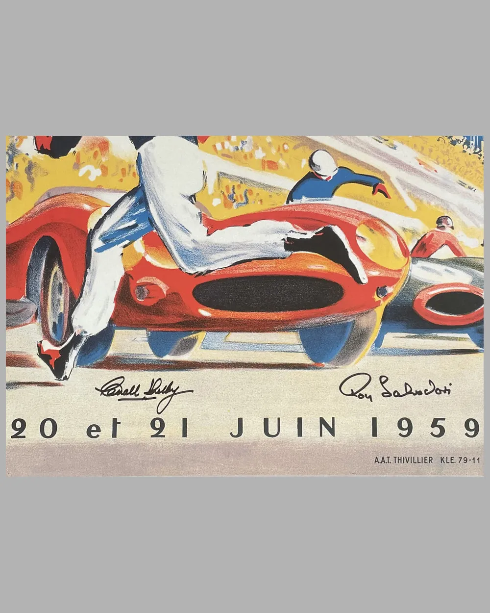 1959 - 24 Heures du Mans official ACO reproduction event poster autographed by the winners Shelby and Salvadori