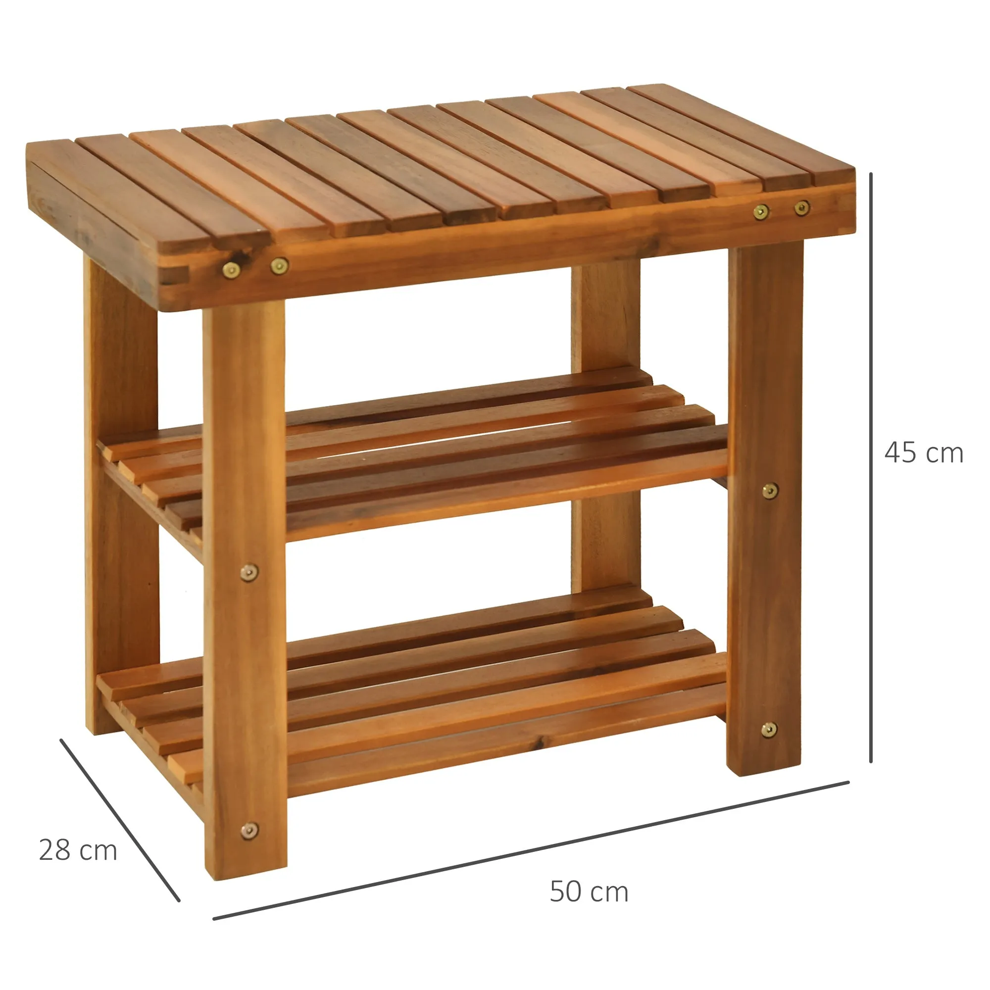 Acacia Wood Shoe Bench, 3-Tier Shoe Storage Rack, Hallway Organizer Shelf, for Entryway, Living Room, Bedroom, 50 x 28 x 45 cm, Teak