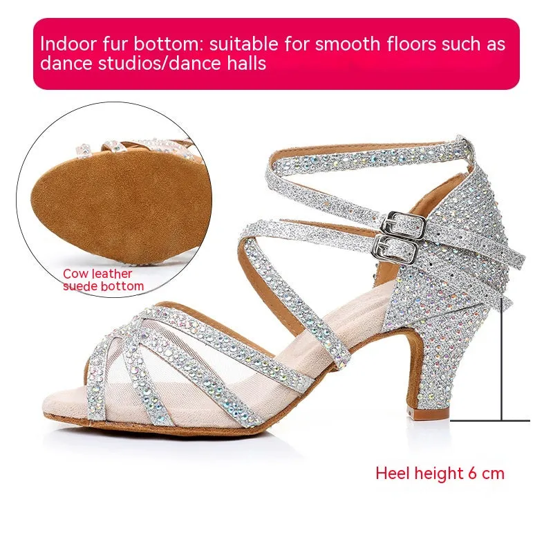 Diamond Latin Dance Shoes Women's Sandals Professional Soft Bottom Dance Shoes Mid-high Heel