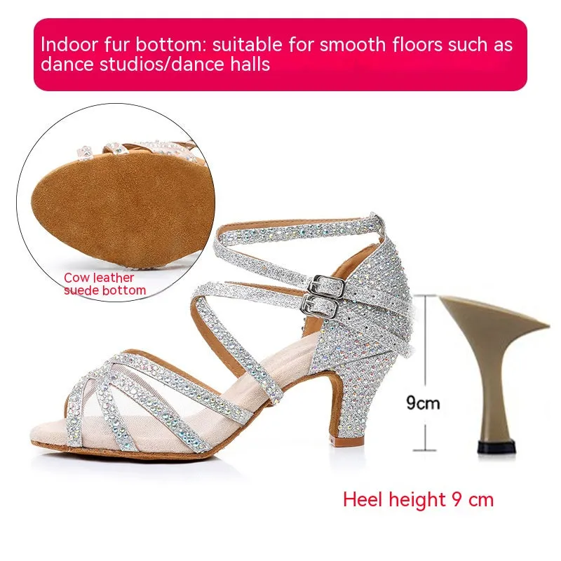 Diamond Latin Dance Shoes Women's Sandals Professional Soft Bottom Dance Shoes Mid-high Heel