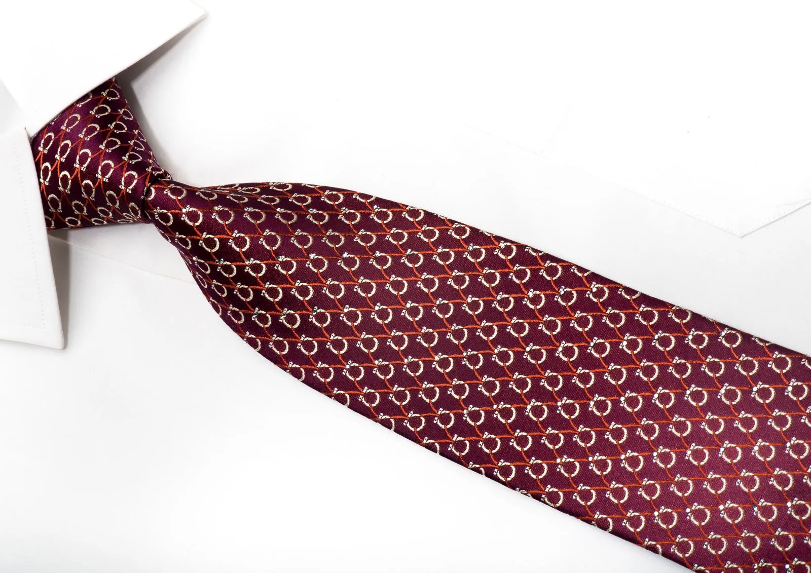 Indian Leaders Men's Silk Tie Golden Horse Shoes On Burgundy Sparkling With Crystal Rhinestones