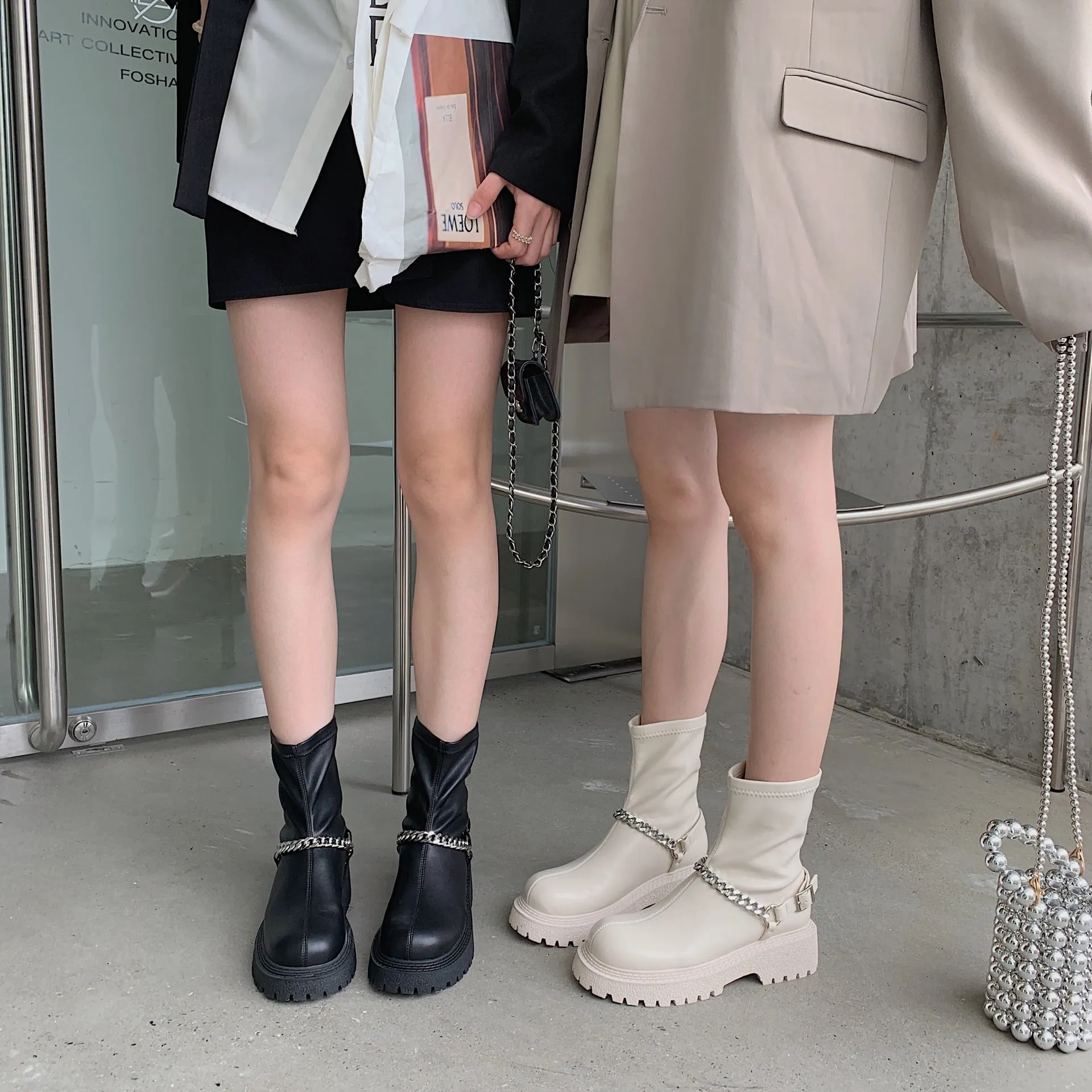 LDM Black Short Boots Martin Boots Female 2021 New Short Tube Boots Thick Bottom Chain Boots
