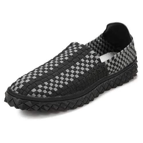 Mens Stretch Knitting Casual Shoes Elastic Band Slip-On Flat Sport Sewing Shoes