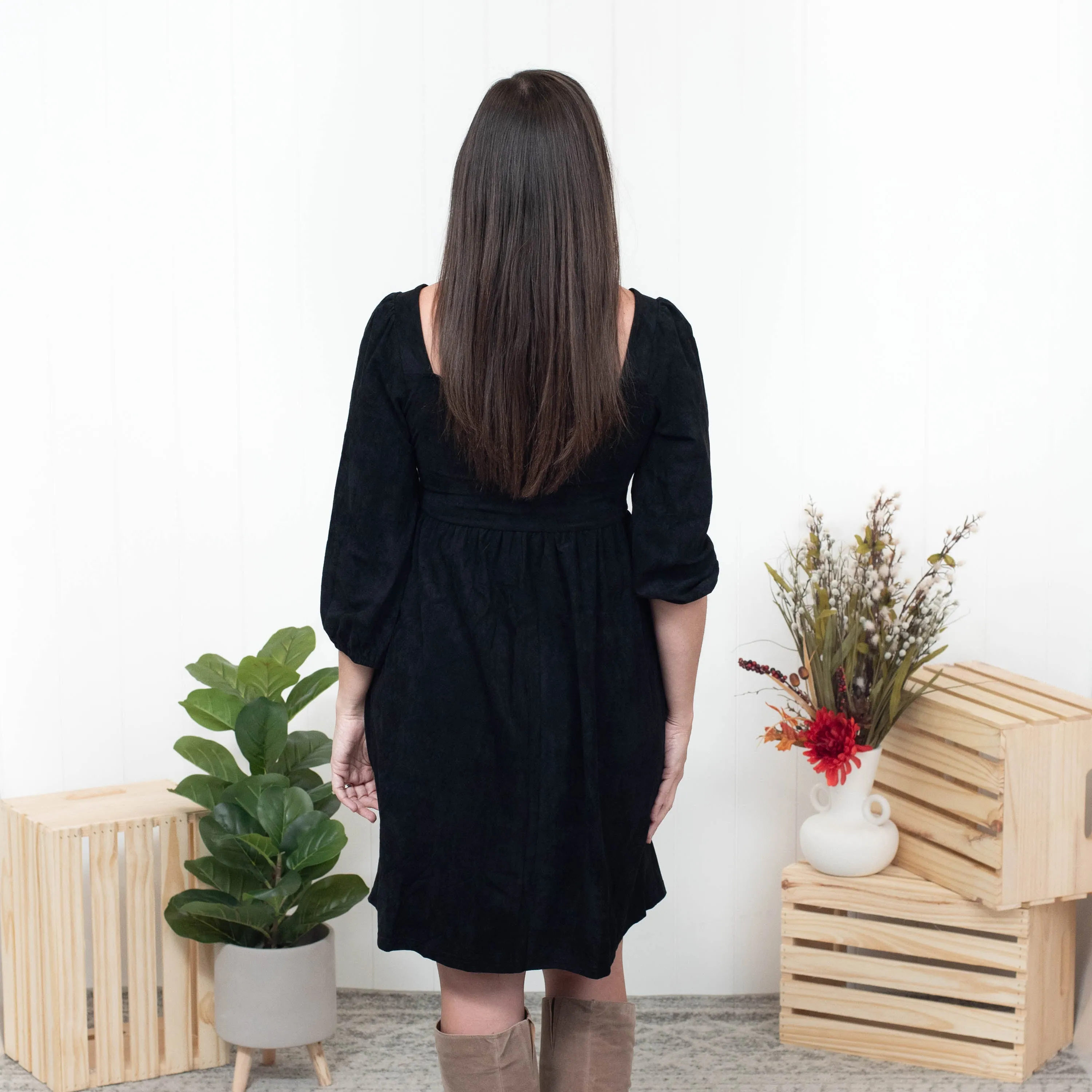 No Mistakes - Black Suede Square Neck Puff Dress