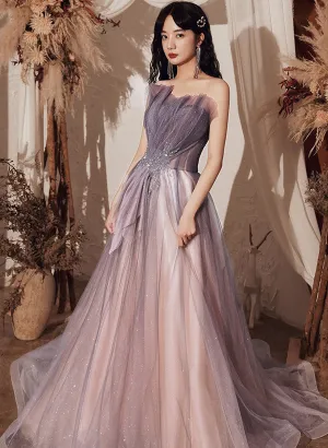 Solvbao Light Purple Tulle with Beaded A-line Party Dress, Purple Tulle Long Formal Dress