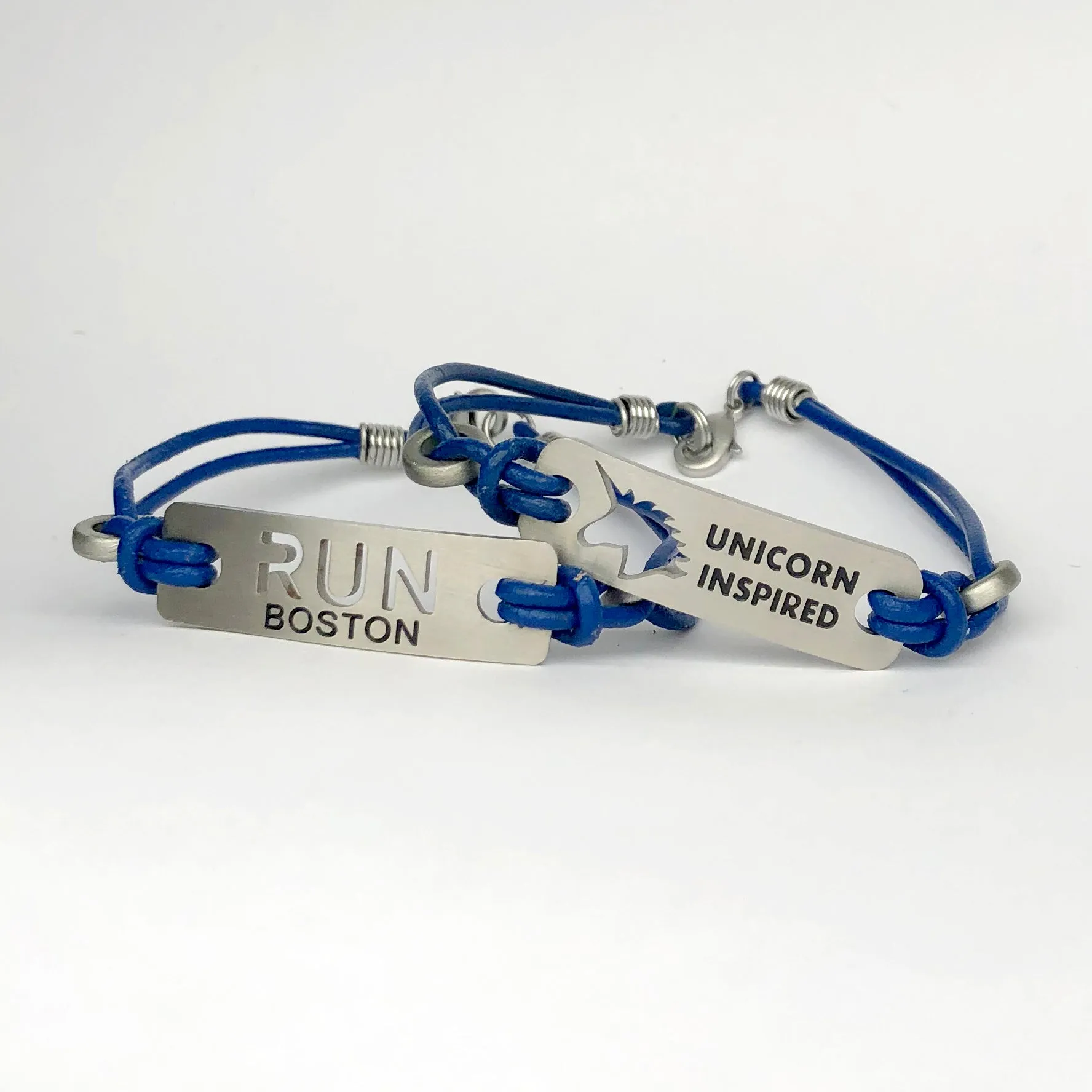 Unicorn Inspired, RUN Boston & RUN Inspired Running Bracelet - Blue Leather